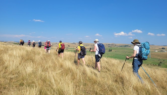 groupe de randonneurs dans la campagne d'Aubrac