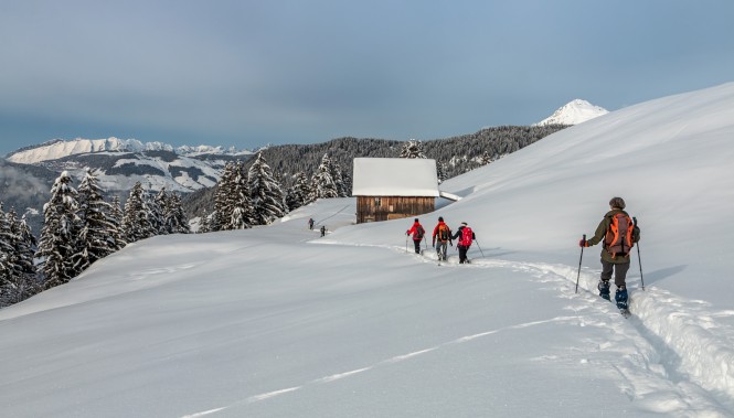 Groupe de randonneurs en raquettes dans le beaufortain dans les Alpes